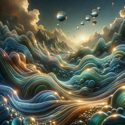The primary subject of the image is a vibrant and colorful ocean scene. The setting is a vast, blue ocean with waves and bubbles, creating a lively and dynamic atmosphere. The visual style of the image is digital art, as it is a computer-generated representation of the ocean. The dominant colors in the scene are blue, green, and yellow, which contribute to the overall mood of the image, which is energetic and lively.